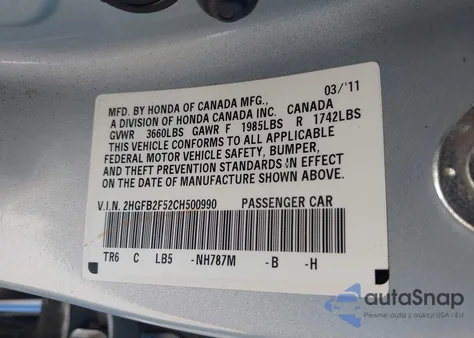 2012 Honda Civic Lx from USA, damaged, VIN 2HGFB2F52CH500990